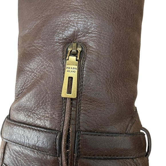 Prada Dark Brown Leather Signature Golden Logo Knee Length Boots - Picture 9 of 10